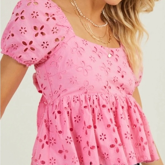 Altar'd State Tops - Altar’d State Pink Eyelet Puff Sleeve Top